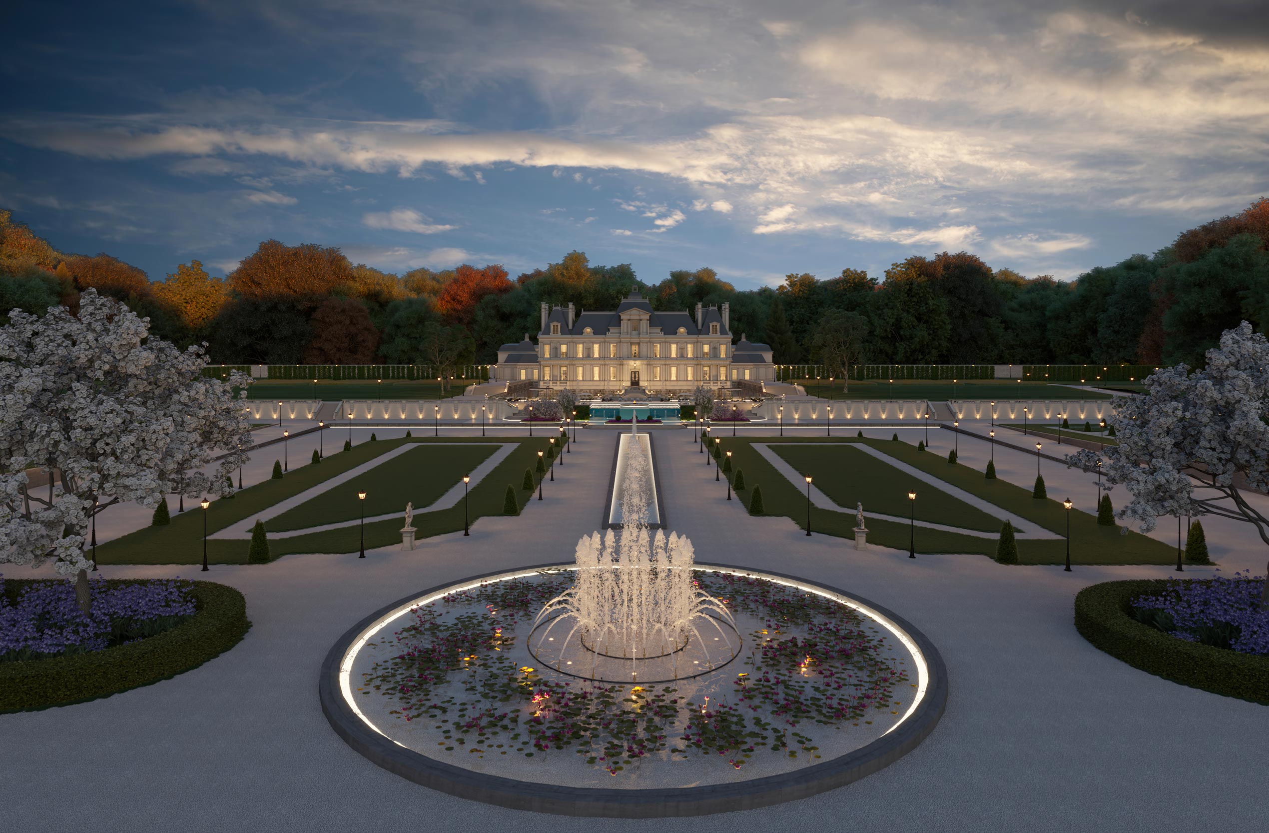 Luxury Residential Mansion Fountains & Driveway CGI Design Visual by Unit4 Studio London UK